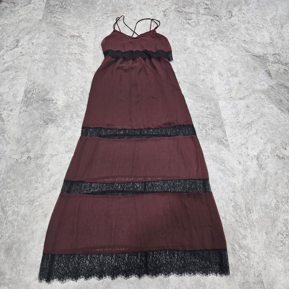 H&M Maroon with Black Lace Chiffon Long Maxi Dress size 4